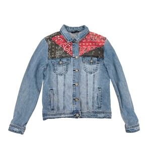 Tally Weijl Denim Jacket Bandana Patchwork Jean Jacket Western Style 34 Rustic S